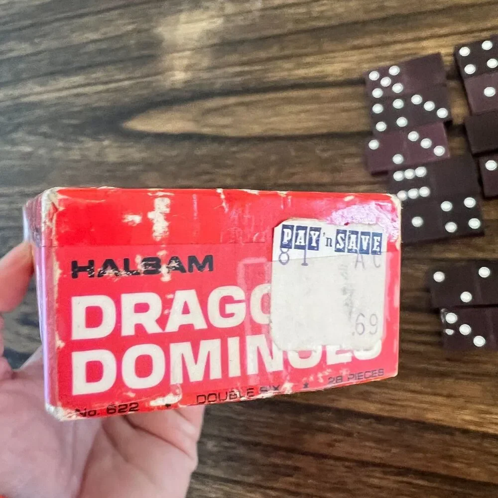Vintage HALSAM Double Six DRAGON DOMINOES Wooden 25 Pieces In Box missing 3